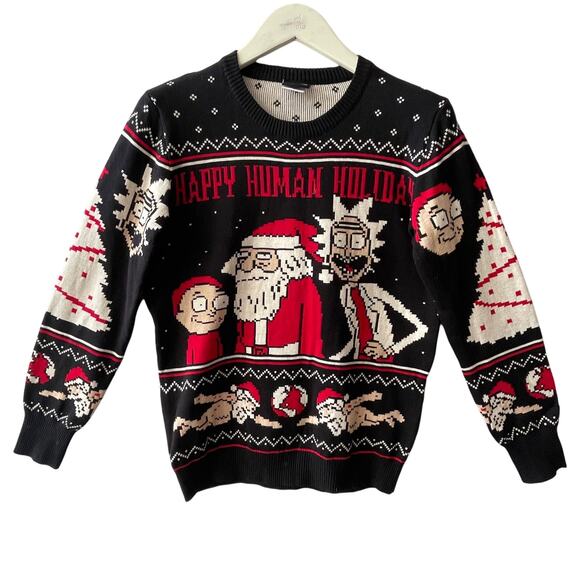 Ripple Junction Rick and Morty HAPPY HUMAN HOLIDAY Ugly Christmas Sweater Sz S - Picture 1 of 5